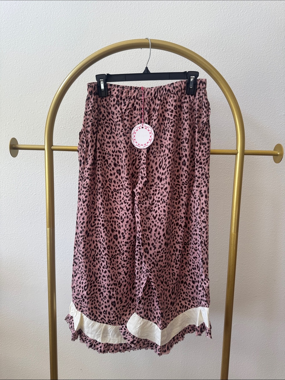 Umgee Pink Leopard Print Wide Leg Pants with Cream Trim - Picture 1 of 3